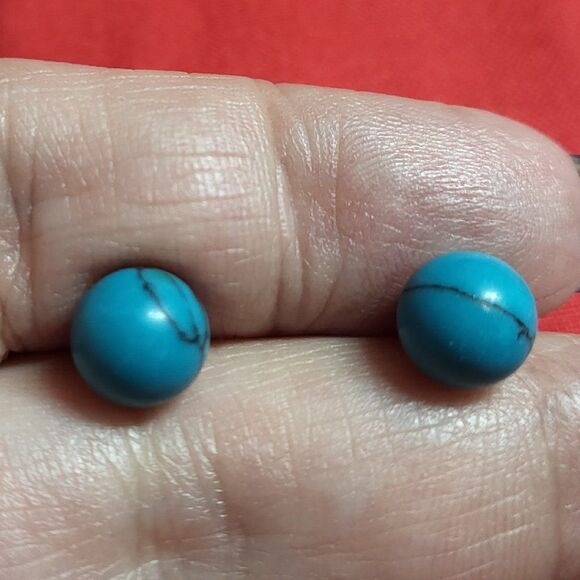 Natural Blue Howlite Gemstone Round Bead Ball Stud Earrings - Picture 2 of 7